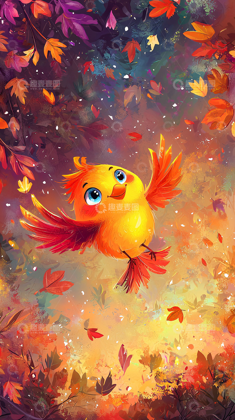 高清大图下载【趣麦麦图】秋叶中飞舞的小鸟