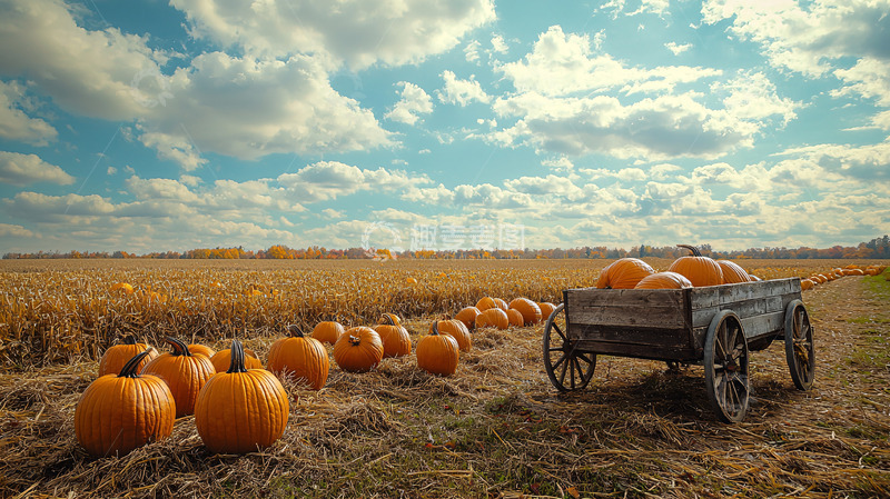 高清大图下载【趣麦麦图】田野里一辆装满南瓜的马车