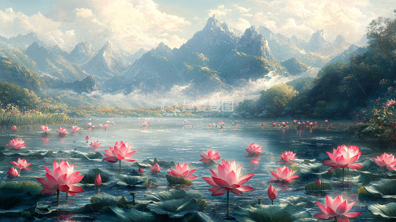 高清大图下载【趣麦麦图】粉红莲花湖泊山脉风景