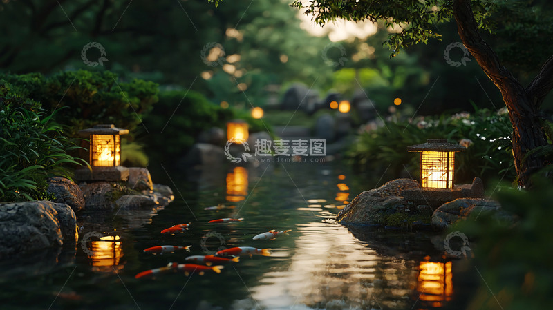 高清大图下载【趣麦麦图】日式庭院夜景