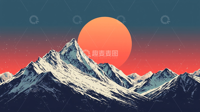 高清大图下载【趣麦麦图】极简风格雪山日落