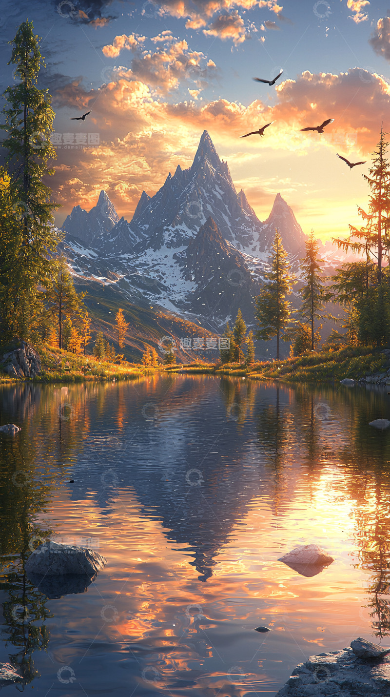 高清大图下载【趣麦麦图】宁静湖面倒映着雪山日落