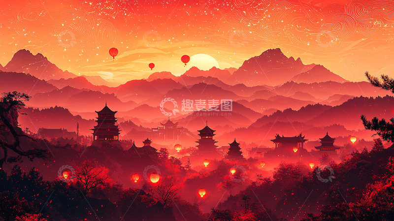 高清大图下载【趣麦麦图】红色山峦日落剪影