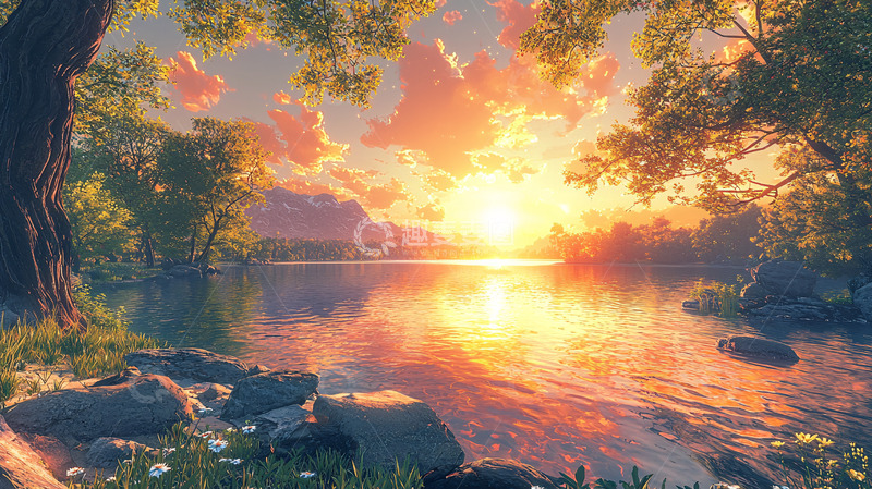 高清大图下载【趣麦麦图】夕阳西下湖边美景