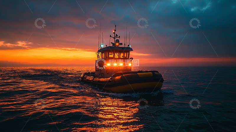 高清大图下载【趣麦麦图】日落航行中的拖船