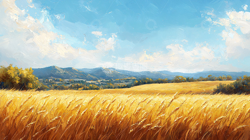 高清大图下载【趣麦麦图】金黄麦田蓝天白云风景画