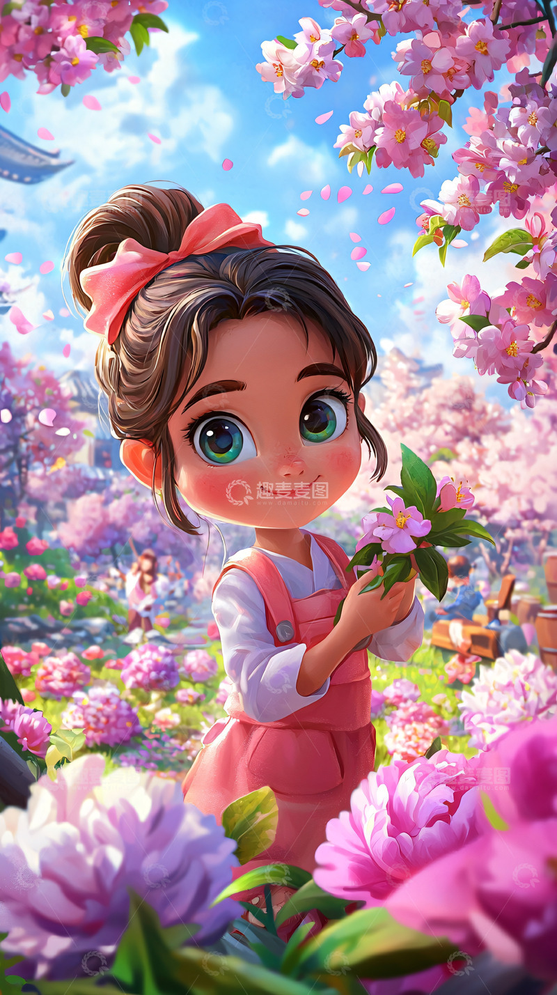 高清大图下载【趣麦麦图】可爱卡通女孩樱花树下