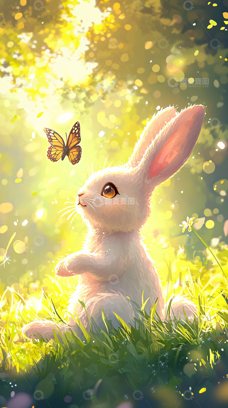 高清大图下载【趣麦麦图】阳光下的小白兔和蝴蝶