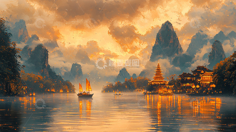 高清大图下载【趣麦麦图】夕阳下山水画风景