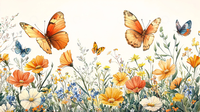 高清大图下载【趣麦麦图】水彩蝴蝶花卉图