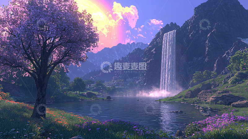 高清大图下载【趣麦麦图】梦幻紫色瀑布仙境