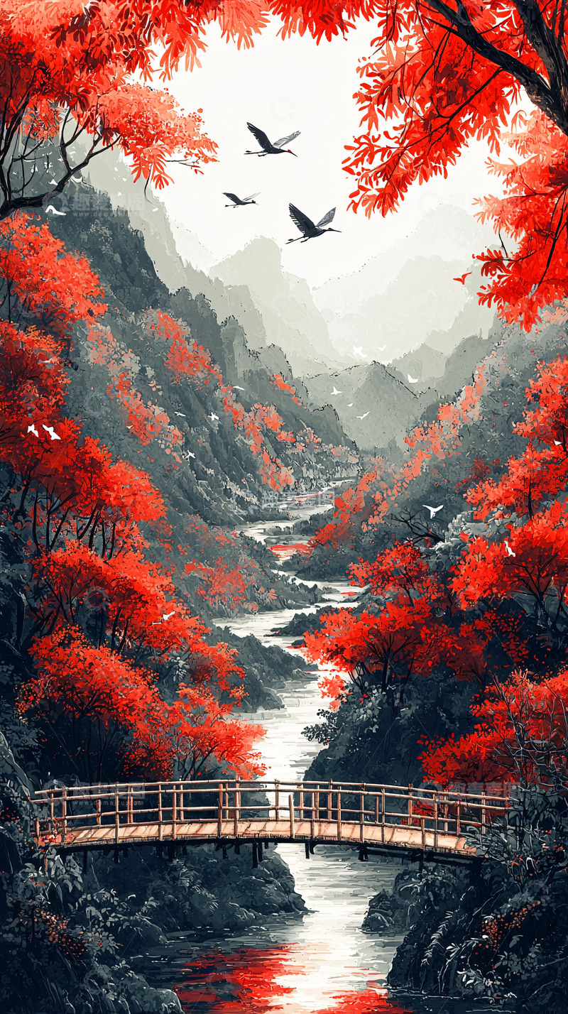 高清大图下载【趣麦麦图】红叶山谷河流木桥