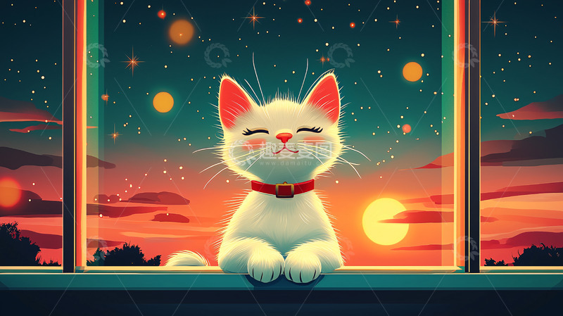 高清大图下载【趣麦麦图】窗边的小白猫