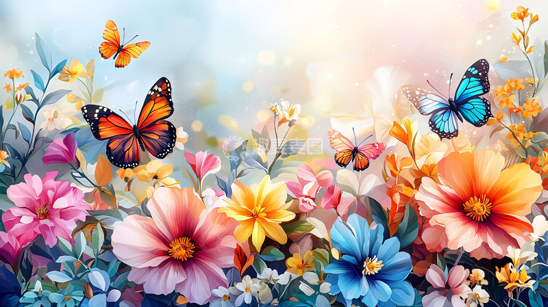 高清大图下载【趣麦麦图】彩色蝴蝶花卉背景图