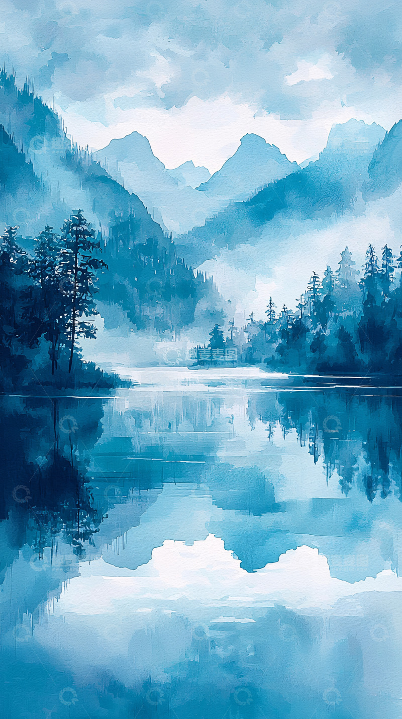 高清大图下载【趣麦麦图】蓝调山水画