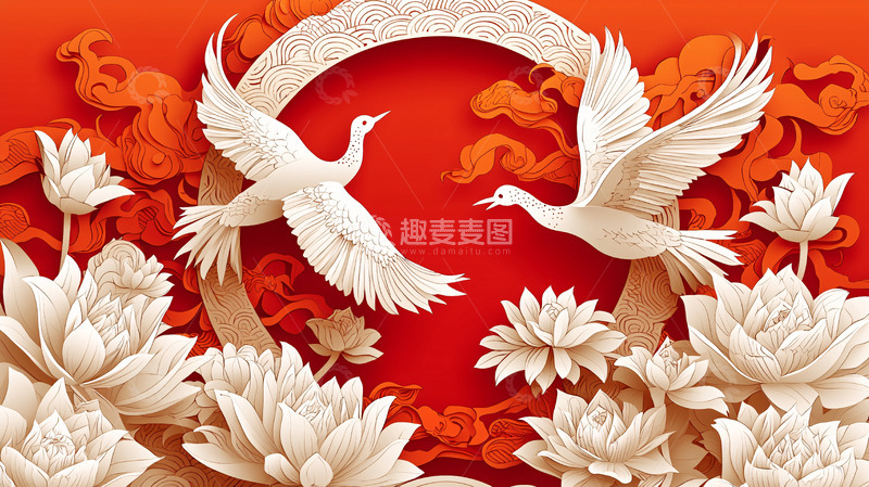 高清大图下载【趣麦麦图】红底白鹤莲花剪纸