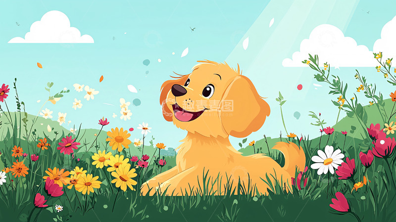 高清大图下载【趣麦麦图】金毛幼犬春天花田