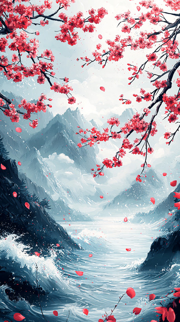 唯美意境樱花山河图