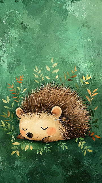 绿背景睡觉的小刺猬