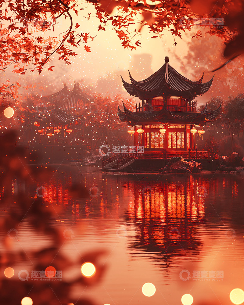 高清大图下载【趣麦麦图】红枫亭台倒影
