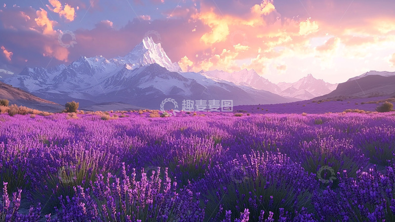 高清大图下载【趣麦麦图】日落雪山薰衣草田