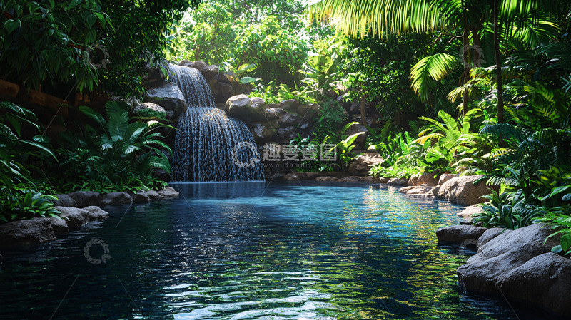 高清大图下载【趣麦麦图】热带雨林瀑布清澈水潭