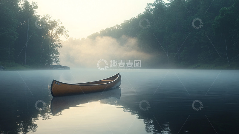 高清大图下载【趣麦麦图】雾气缭绕的湖面独木舟