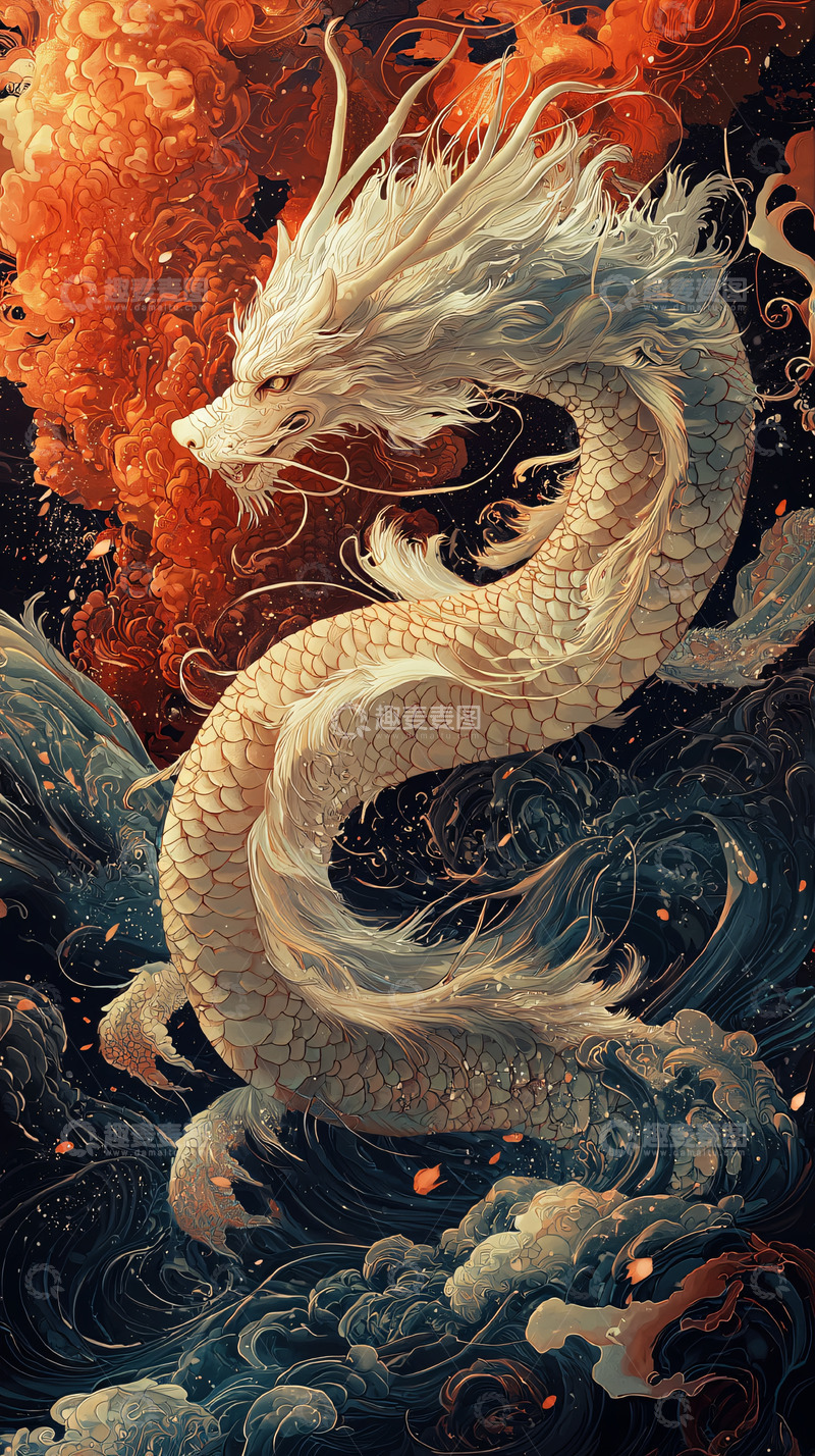 高清大图下载【趣麦麦图】白色神龙盘旋在水波上