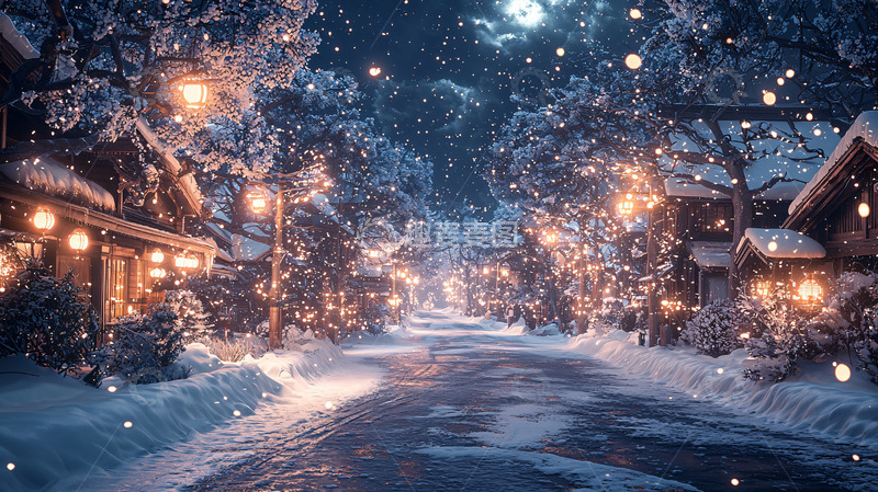 高清大图下载【趣麦麦图】雪夜小镇街道灯火