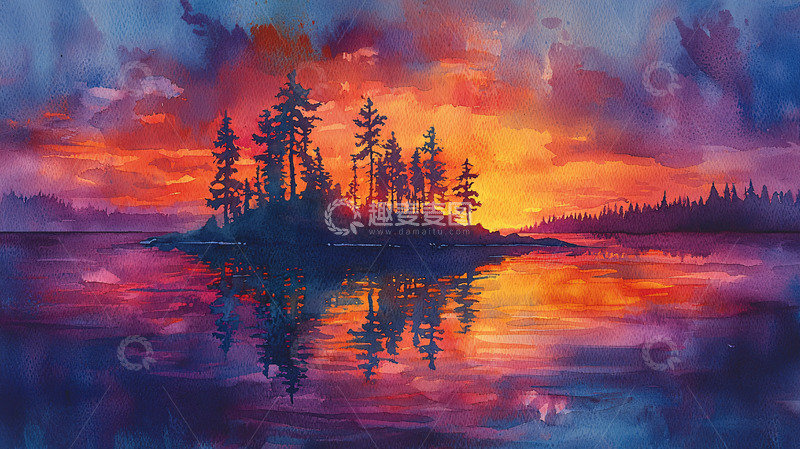 高清大图下载【趣麦麦图】水面倒影夕阳下的树林