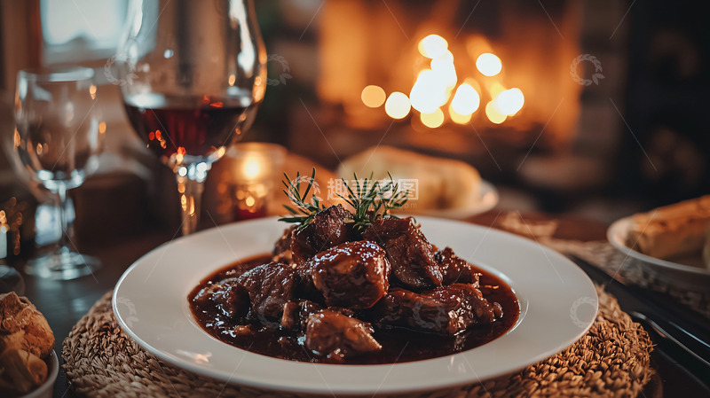 高清大图下载【趣麦麦图】美食晚餐壁炉前