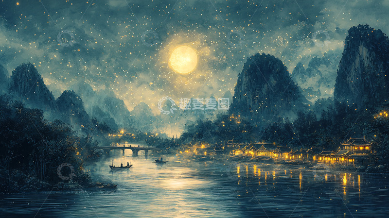 高清大图下载【趣麦麦图】夜幕下山水倒影的静谧