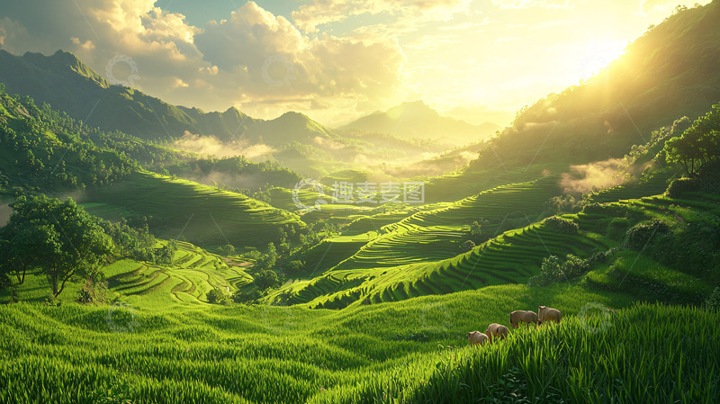高清大图下载【趣麦麦图】阳光洒在绿色的梯田山谷