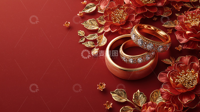 高清大图下载【趣麦麦图】红底金饰婚戒花朵