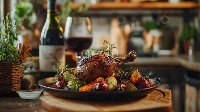 高清大图下载【趣麦麦图】烤鸡腿配红酒
