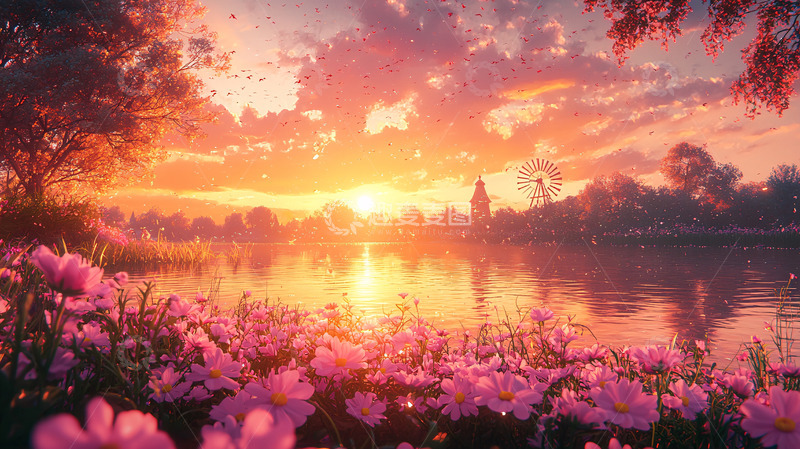 高清大图下载【趣麦麦图】唯美日落湖边粉花