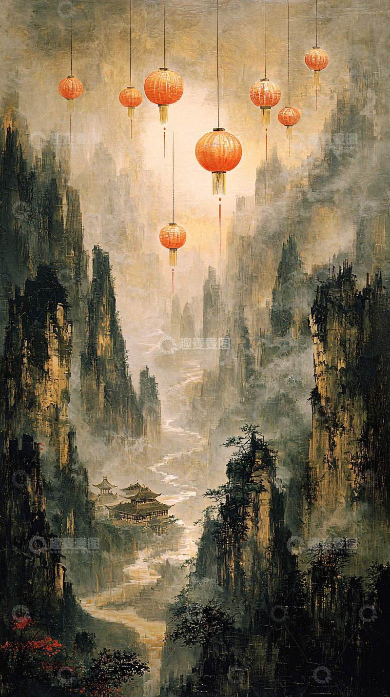 高清大图下载【趣麦麦图】中国风山水灯笼意境画