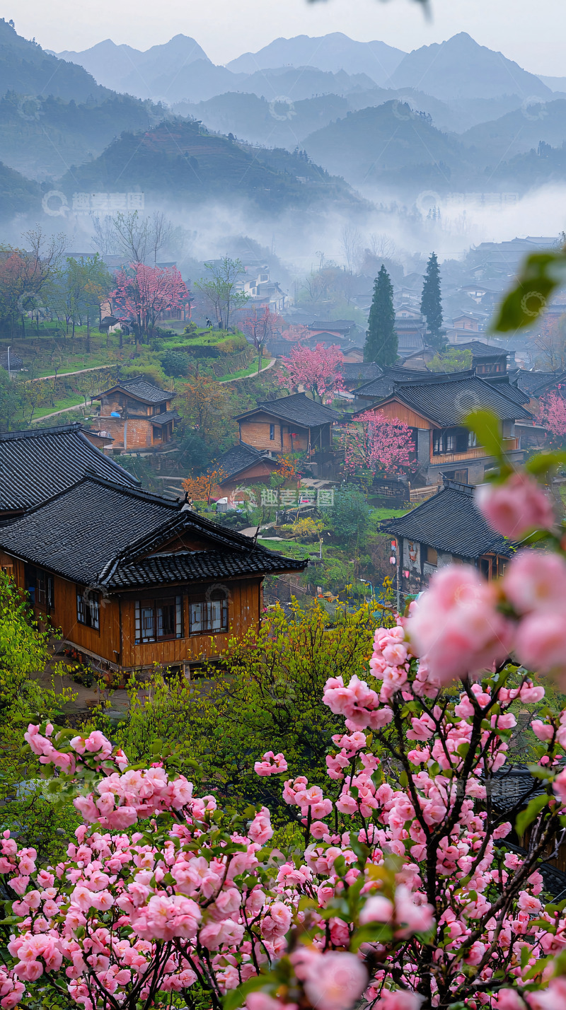 高清大图下载【趣麦麦图】山间村落桃花盛开