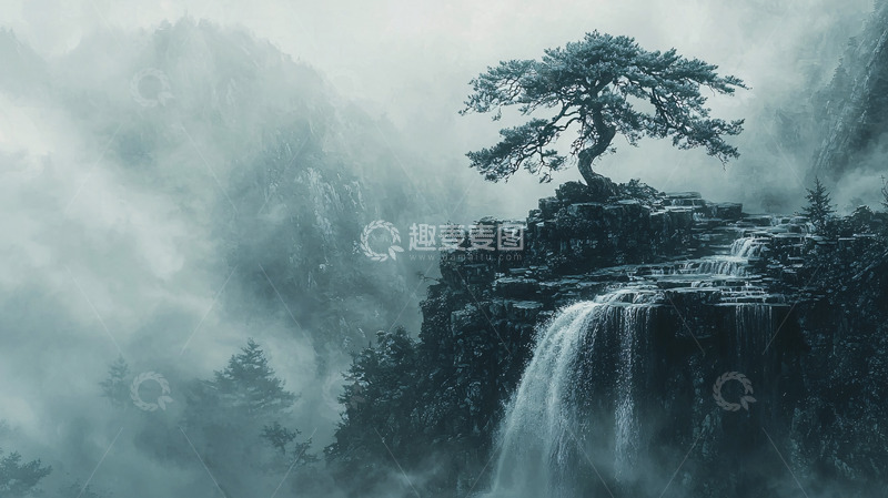 高清大图下载【趣麦麦图】雾气弥漫山崖孤树