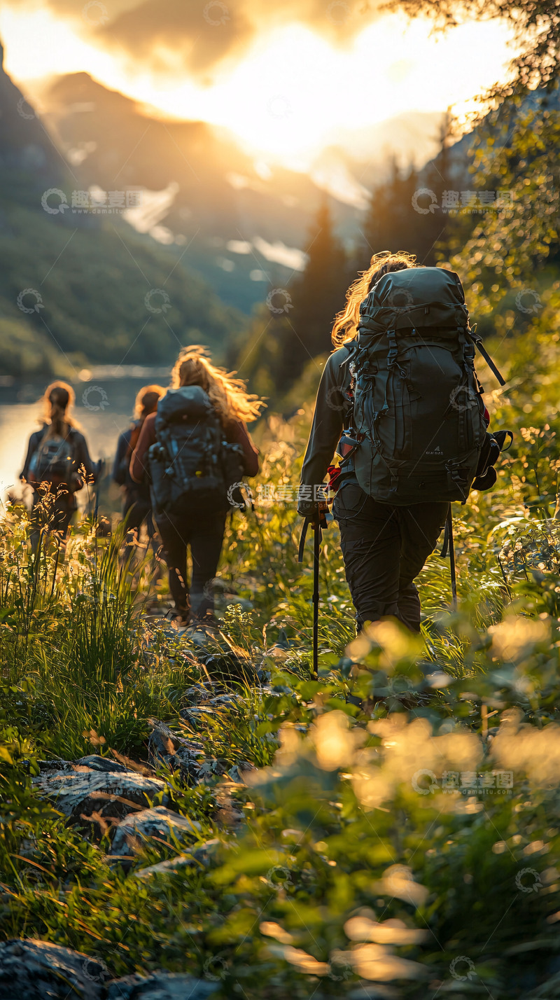 高清大图下载【趣麦麦图】徒步旅行者走向阳光的湖泊