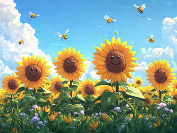 卡通向日葵田野和飞舞的蜜蜂