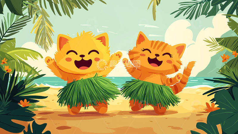高清大图下载【趣麦麦图】热带沙滩上快乐的小猫