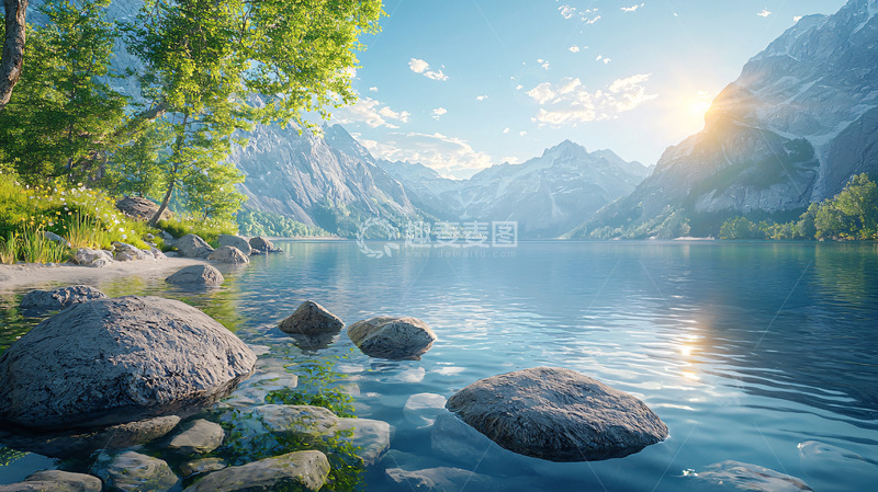 高清大图下载【趣麦麦图】湖边山峰日出景色