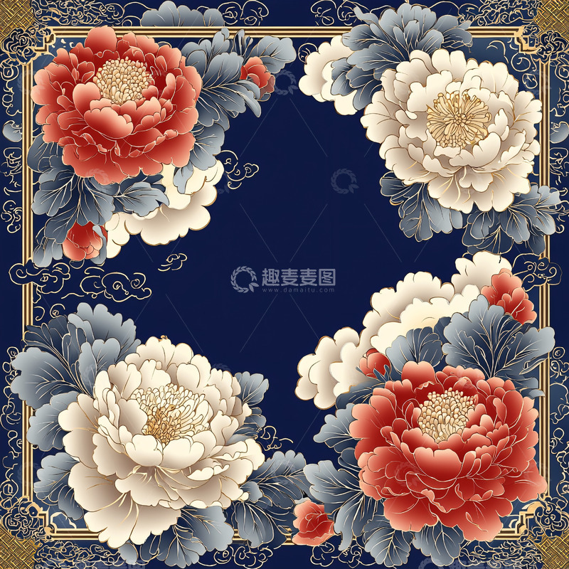 高清大图下载【趣麦麦图】国风牡丹花纹背景图