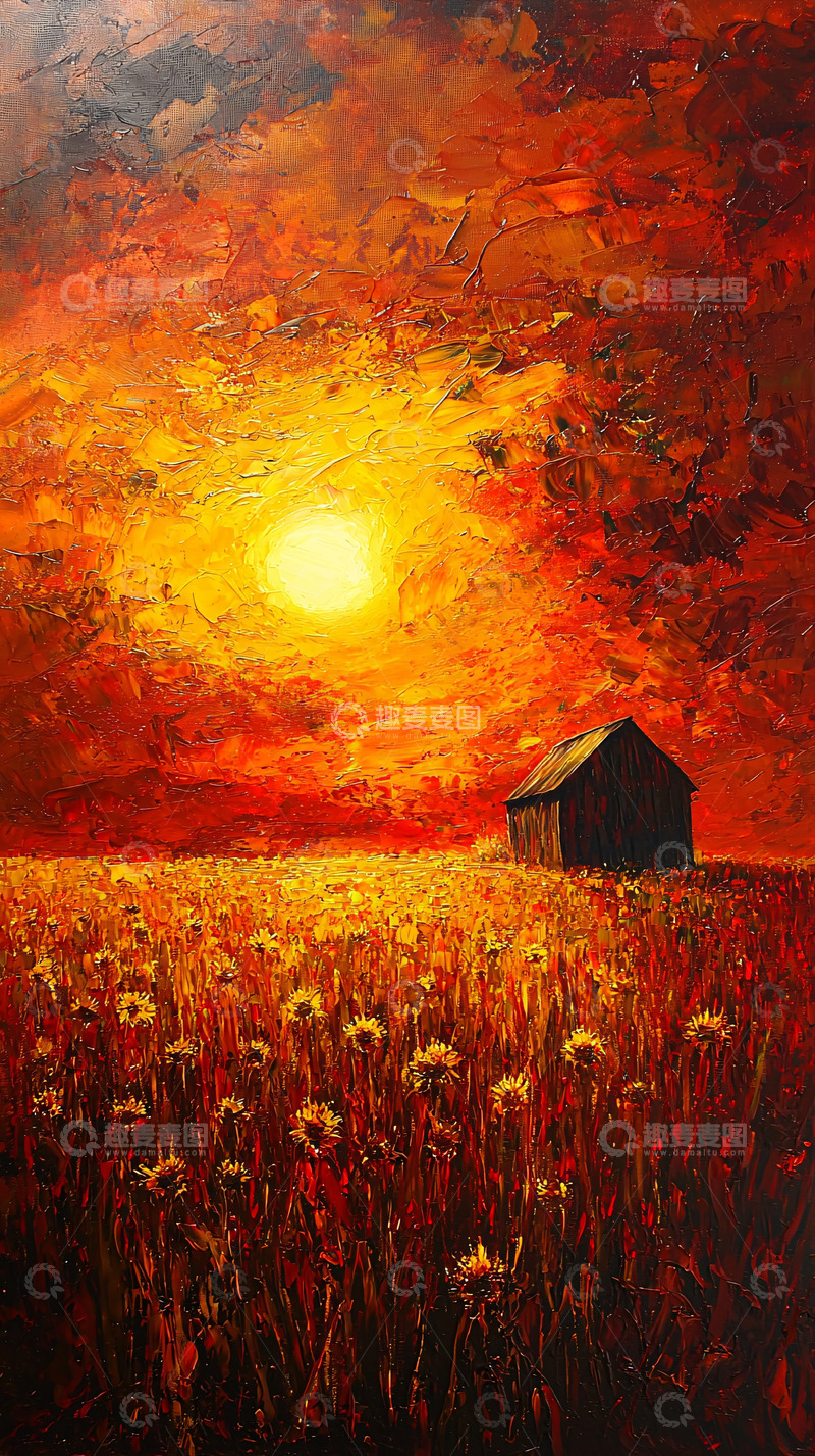 高清大图下载【趣麦麦图】夕阳下的田野小屋