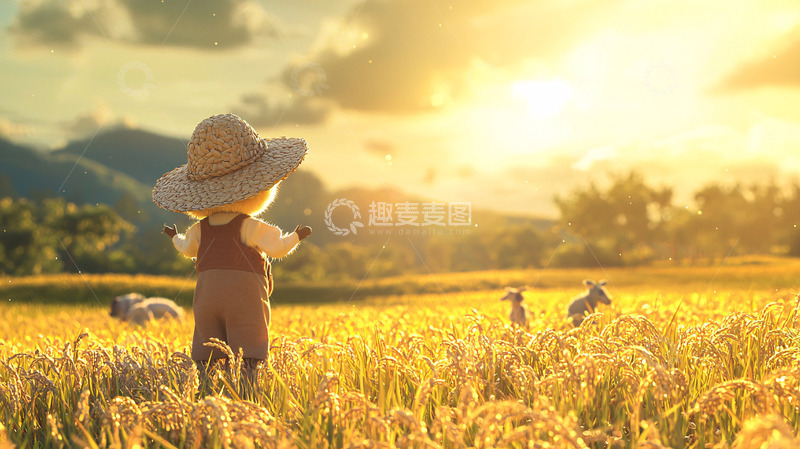 高清大图下载【趣麦麦图】稻田里的小稻草人