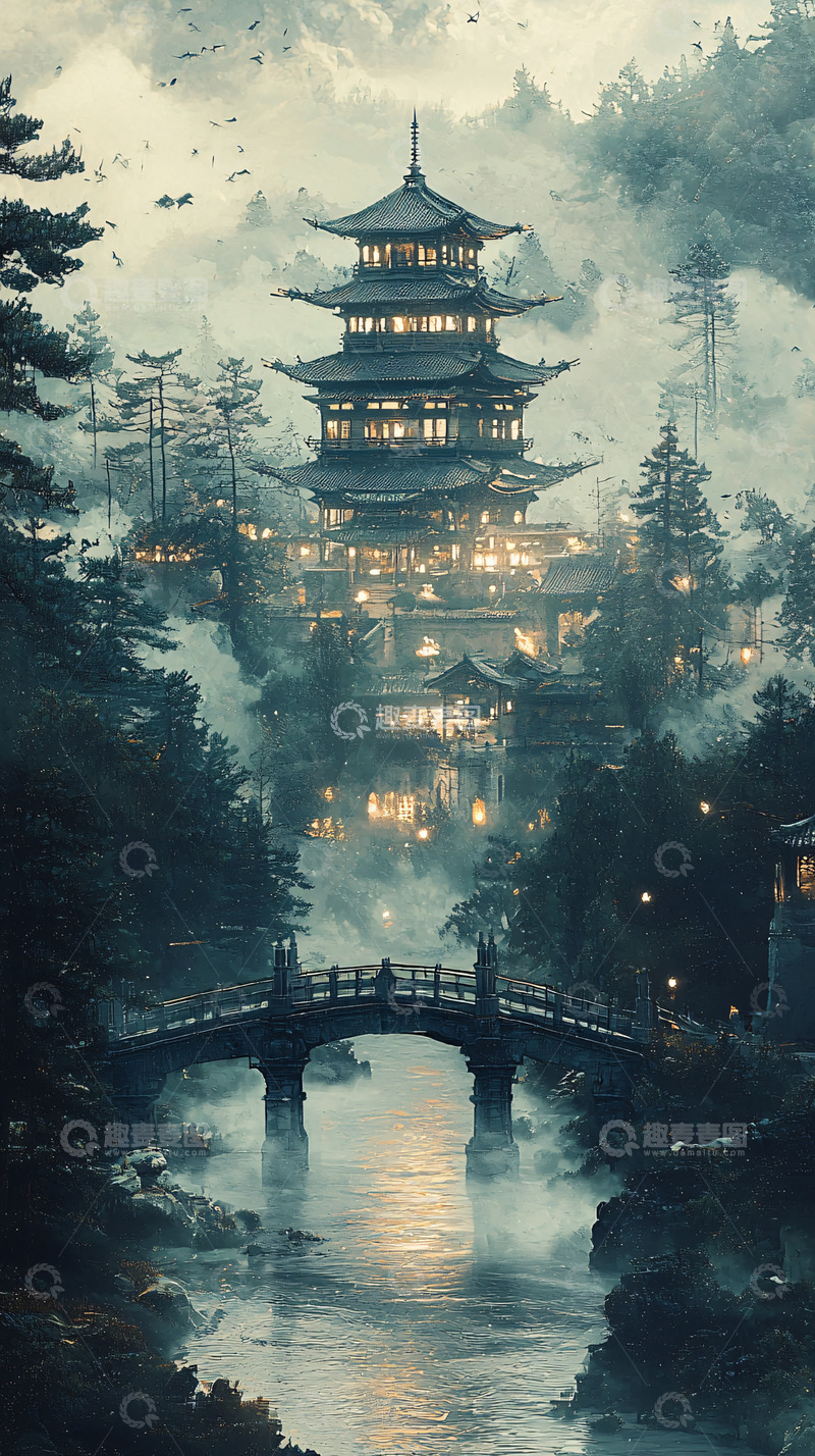 高清大图下载【趣麦麦图】雾气缭绕的东方塔楼