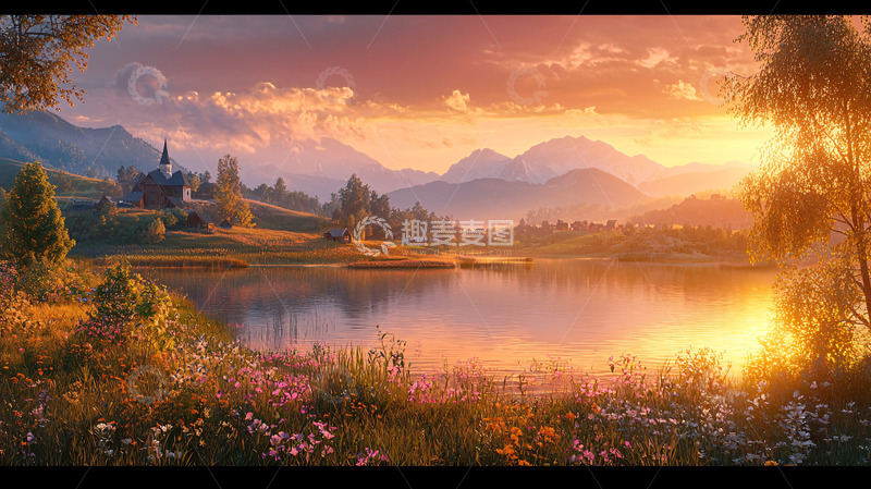 高清大图下载【趣麦麦图】山间湖泊日落美景
