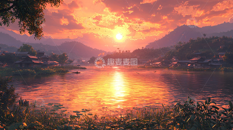 高清大图下载【趣麦麦图】落日余晖下的村庄