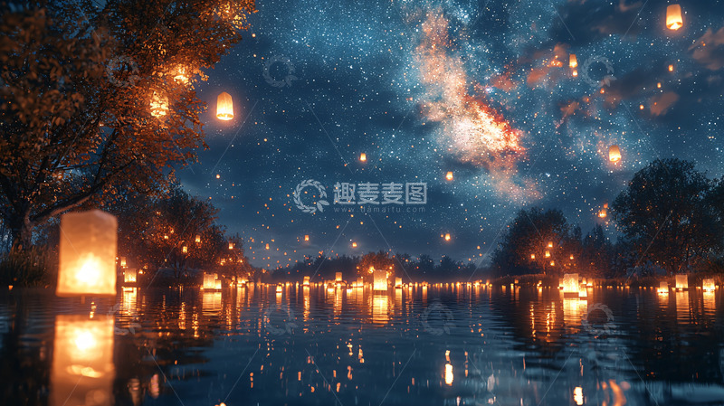 高清大图下载【趣麦麦图】星空下的湖边灯光点点